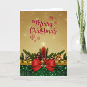 Merry Christmas, Red Bow Candle,Pine Tree Branches Holiday Card