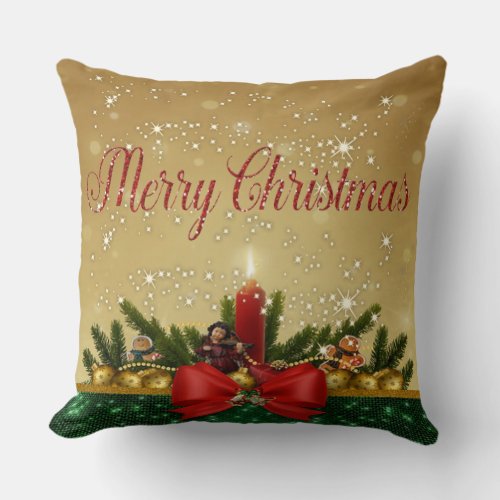 Merry ChristmasRed Bow CandlePine Tree Branches Throw Pillow