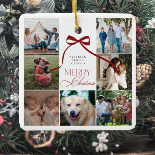 Merry Christmas red bow custom photo collage Ceramic Ornament