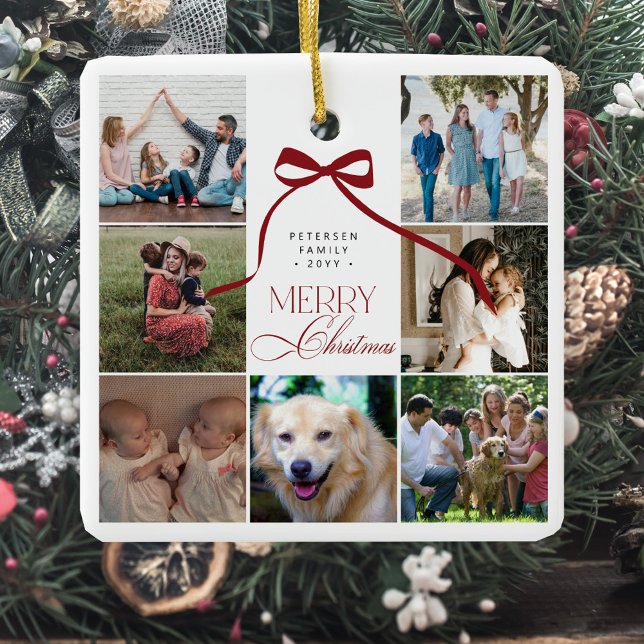 Merry Christmas red bow custom photo collage  Ceramic Ornament (Creator Uploaded)