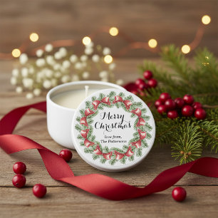 Merry Christmas Red Bow Floral Wreath Personalized Mini Candle Favors
