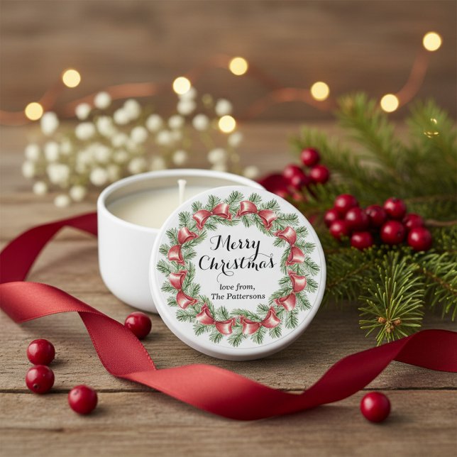 Merry Christmas Red Bow Floral Wreath Personalized Mini Candle Favors (Creator Uploaded)