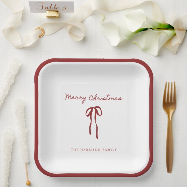 Merry Christmas Red Bow Holiday Paper Plates (Wedding)