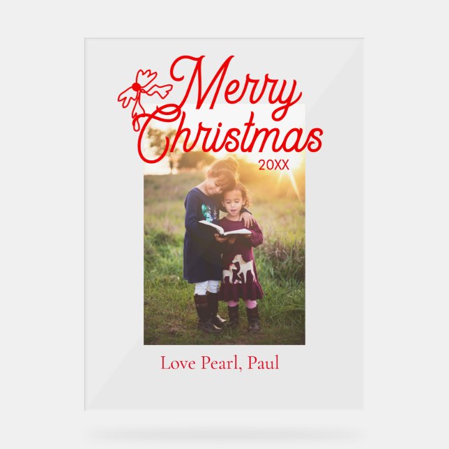 Merry Christmas red bow kids photo modern elegant Acrylic Sign (Front)