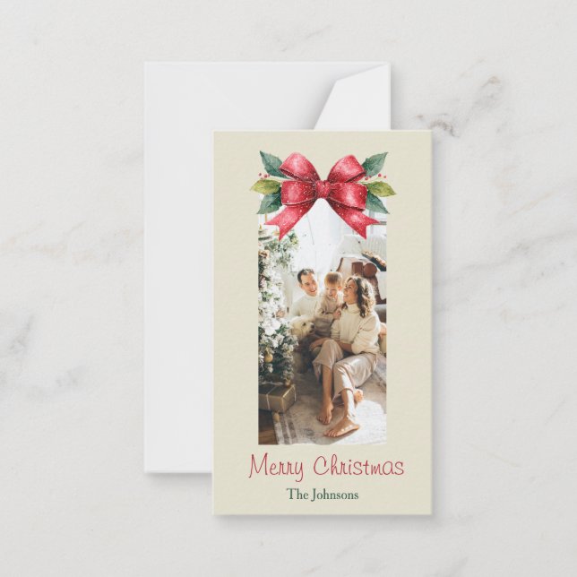 Merry Christmas Red Bow Personalized Photo Card (Front)