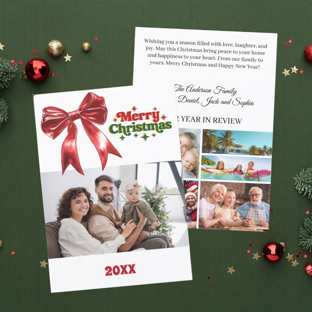 Merry Christmas red bow photo year in review Holiday Card (Creator Uploaded)
