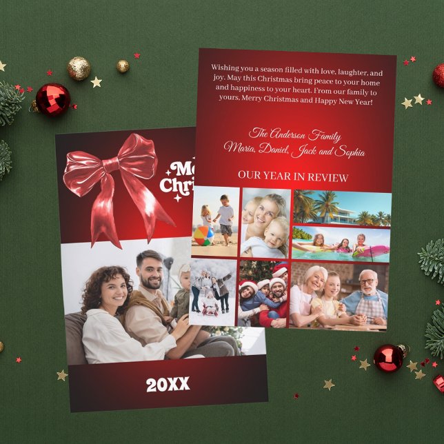 Merry Christmas red bow photo year in review Holiday Card (Creator Uploaded)