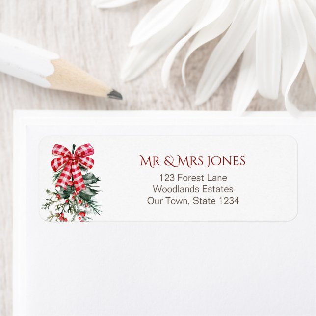 Merry Christmas red bow pines rustic Label (Insitu)