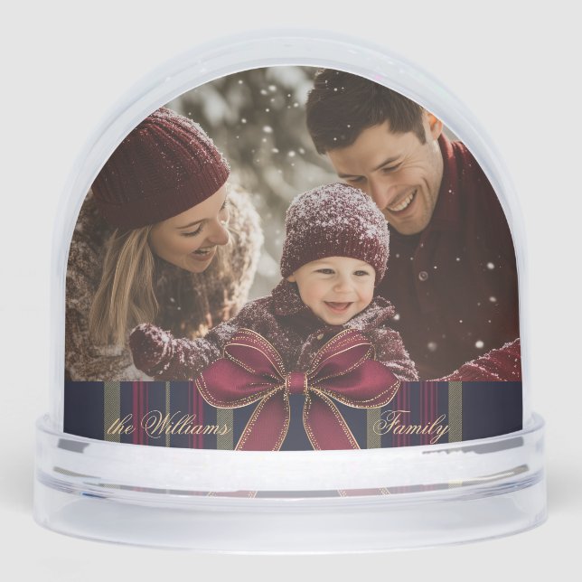 Merry Christmas Red Bow Plaid Classic Photo Snow Globe (Front)