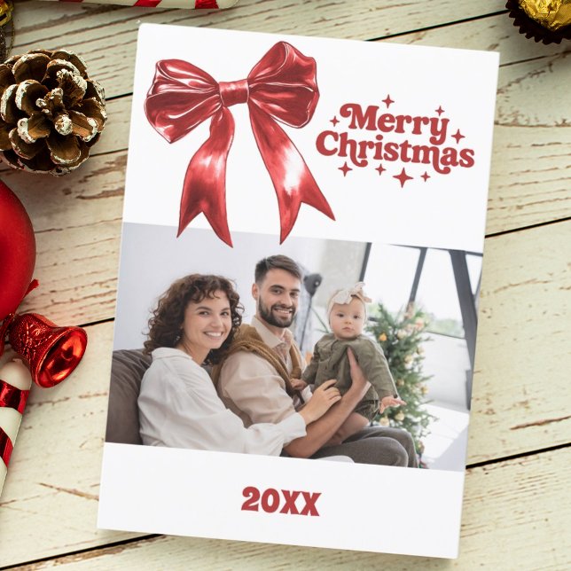 Merry Christmas red bow retro photo card (Creator Uploaded)