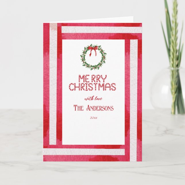 Merry Christmas Red Bow Wreath Personalised  Holiday Card (Front)