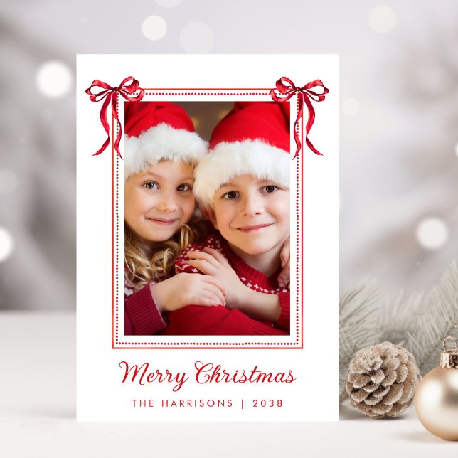 Merry Christmas Red Bows Watercolor Photo Holiday Card (Share the love and warmth of the holiday season with this personalized photo Christmas card)