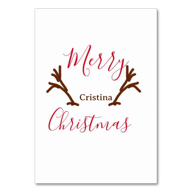Merry Christmas red brown reindeer horn holiday te Table Number (Front)