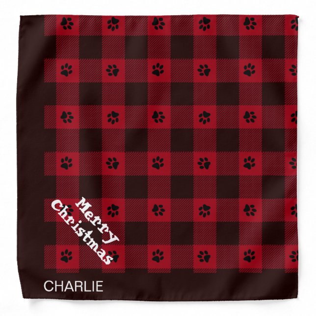 Merry Christmas Red Buffalo Check Dog Name Bandana (Front)