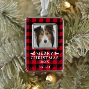 Merry Christmas Red Buffalo Check Dog Photo Ornament