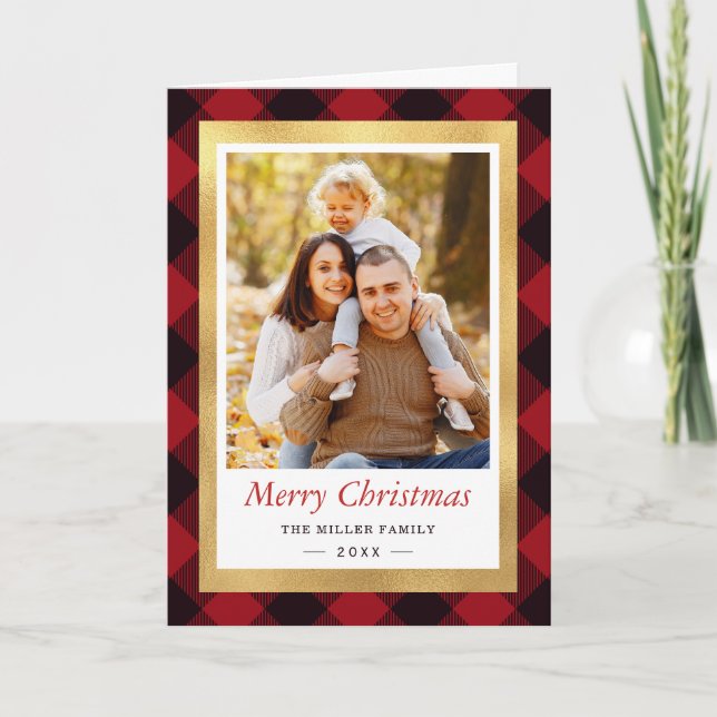 Merry Christmas Red Buffalo Check Gold Frame Photo Holiday Card (Front)