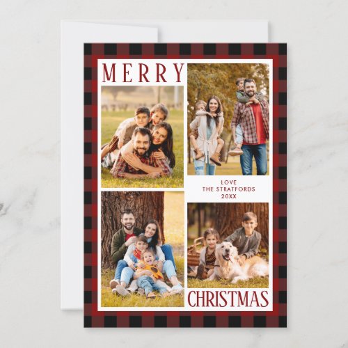 MERRY CHRISTMAS Red Buffalo Plaid 4 Photo Collage Holiday Card