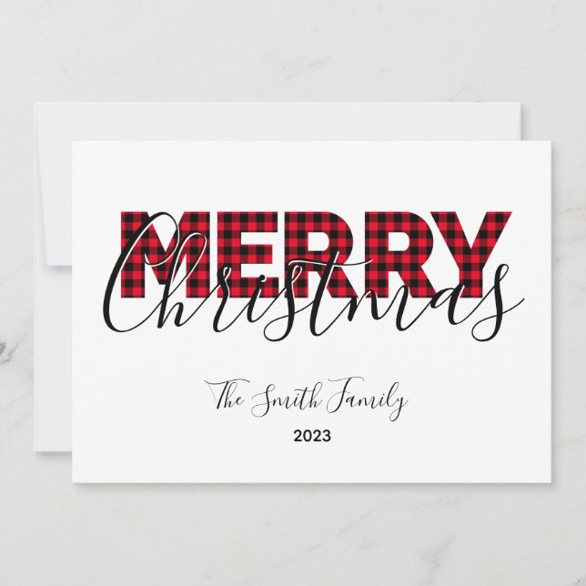 Merry Christmas Red Buffalo Plaid and Calligraphy Holiday Card (Front)