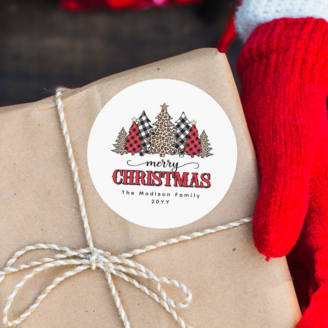 Merry Christmas Red Buffalo Plaid and Leopard Tree Classic Round Sticker (Creator Uploaded)