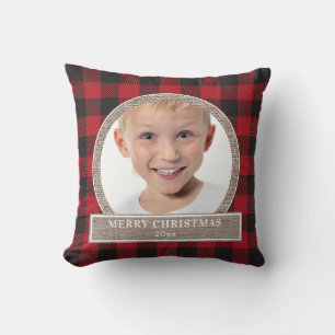 Merry Christmas Red Buffalo Plaid Burlap Photo Throw Pillow