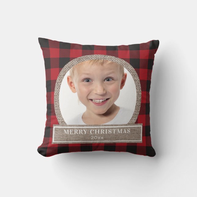 Merry Christmas Red Buffalo Plaid Burlap Photo Throw Pillow (Front)