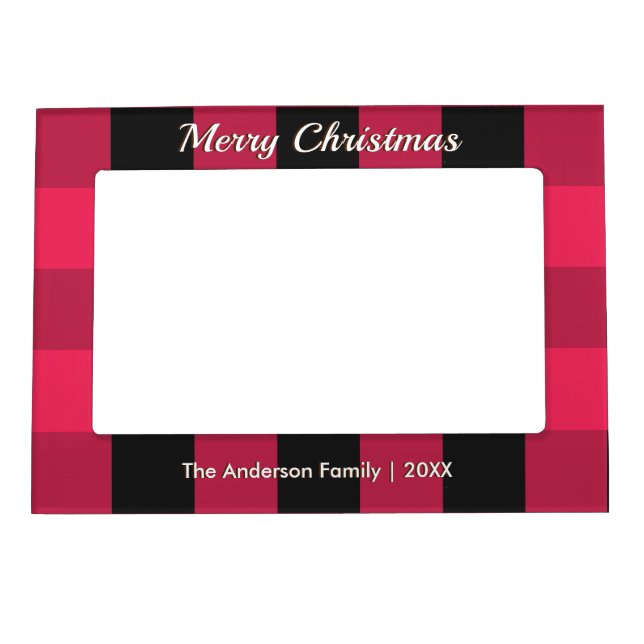 Merry Christmas Red Buffalo Plaid Check Patterned Magnetic Frame (Front)