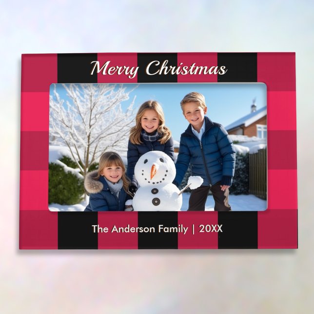 Merry Christmas Red Buffalo Plaid Check Patterned Magnetic Frame (A Christmas magnetic photo frame with red buffalo check pattern. Personalize with name(s) and year.)