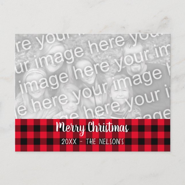 Merry Christmas Red Buffalo Plaid Family Photo Postcard (Front)