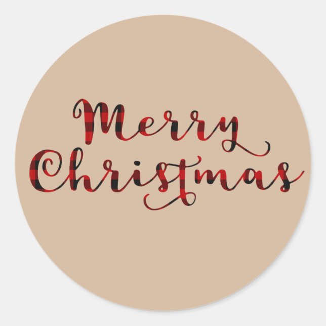 Merry Christmas Red Buffalo Plaid Holiday Classic Round Sticker (Front)