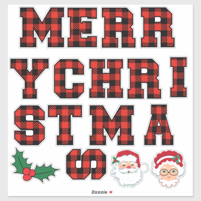 Merry Christmas Red Buffalo Plaid Letters Sticker (Sheet)