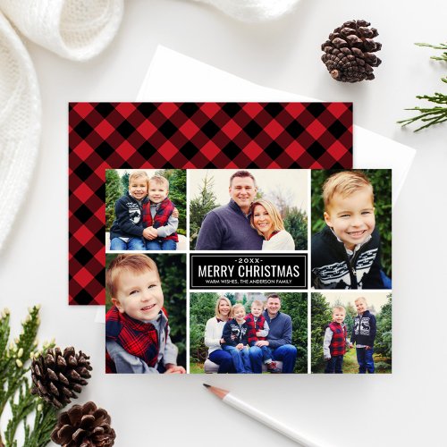Merry Christmas Red Buffalo Plaid Photo Collage Holiday Card