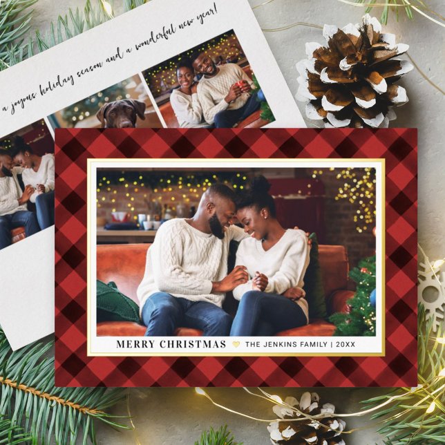 Merry Christmas Red Buffalo Plaid Photo Foil Holiday Card (Creator Uploaded)