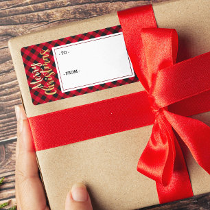 Merry Christmas Red Buffalo Plaid Sticker Gift Tag