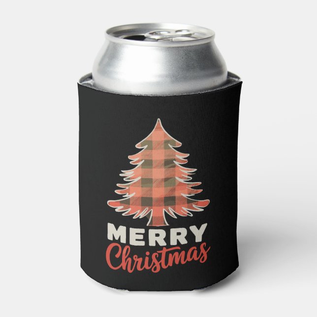 Merry Christmas Red Buffalo Plaid Tree Xmas Can Cooler (Can Front)