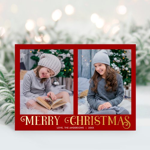 Merry Christmas red burgundy gold modern two photo Foil Holiday Card