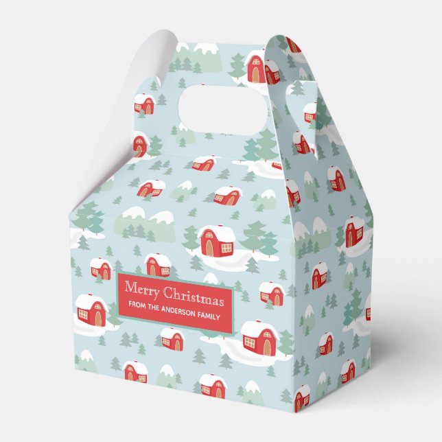 Merry Christmas Red Cabin Personalized Name Favor Boxes (Front Side)