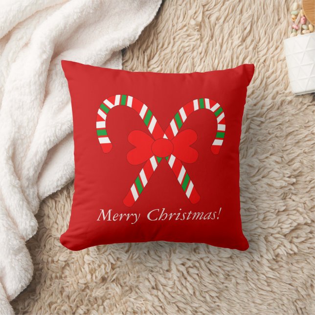 Merry Christmas Red Candy Cane Festive Throw Pillow (Blanket)