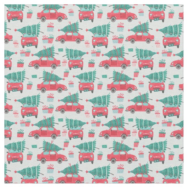 Merry Christmas Red Car Christmas Tree Pattern Fabric (Close Up)