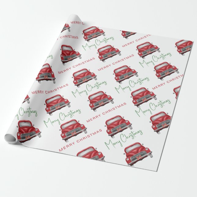 Merry Christmas Red Car Pattern Script Wrapping Paper (Unrolled)