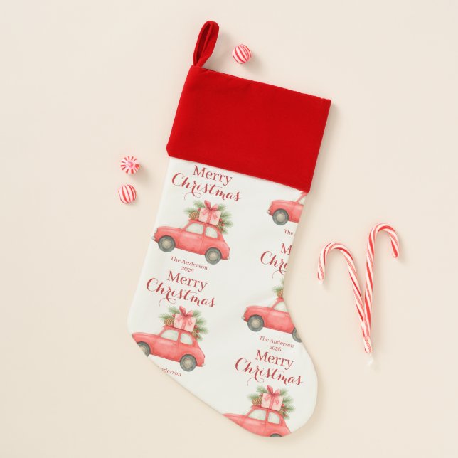 Merry Christmas Red Car – Personalized Holiday Christmas Stocking (Front)