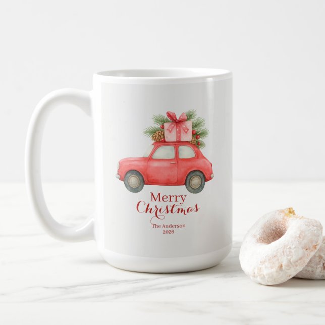 Merry Christmas Red Car – Personalized Holiday  Coffee Mug (With Donut)
