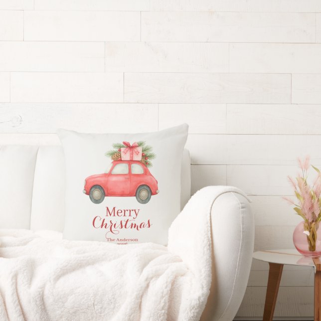 Merry Christmas Red Car – Personalized Holiday  Throw Pillow (Couch)