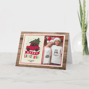 Merry Christmas Red Car Photo Rustic Wood Holiday Card