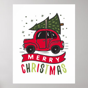 Merry Christmas Red Car Tree Holidays Xmas  Poster