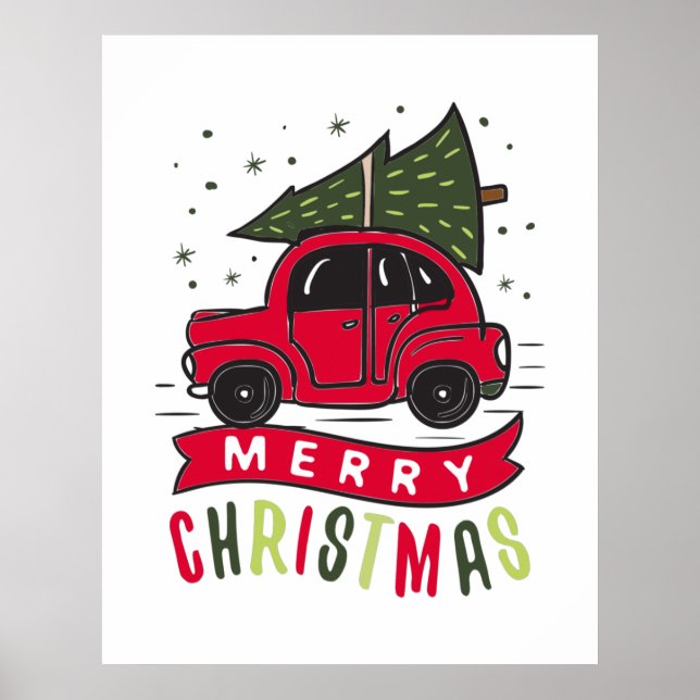 Merry Christmas Red Car Tree Holidays Xmas  Poster (Front)