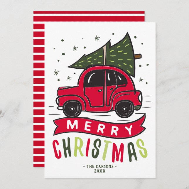 Merry Christmas Red Car Tree Name Template Cute (Front/Back)