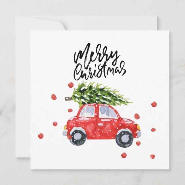 Merry Christmas red car with Christmas tree   Card (Front)