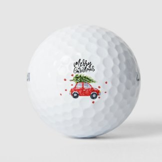 Merry Christmas red car with Christmas tree   Golf Balls