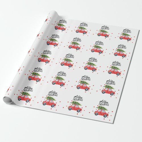 Merry Christmas red car with Christmas tree   Wrapping Paper