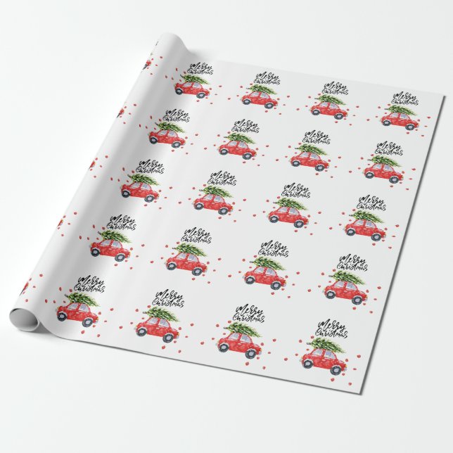 Merry Christmas red car with Christmas tree   Wrapping Paper (Unrolled)